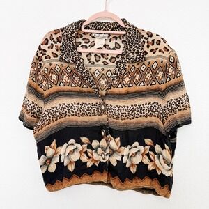 VTG 90s Nina Piccalino Womens Blouse Size 12 Brown Animal Floral Button Up Indie
